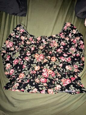 Ambiance Black Off-Shoulder Top with Pink Rose Print